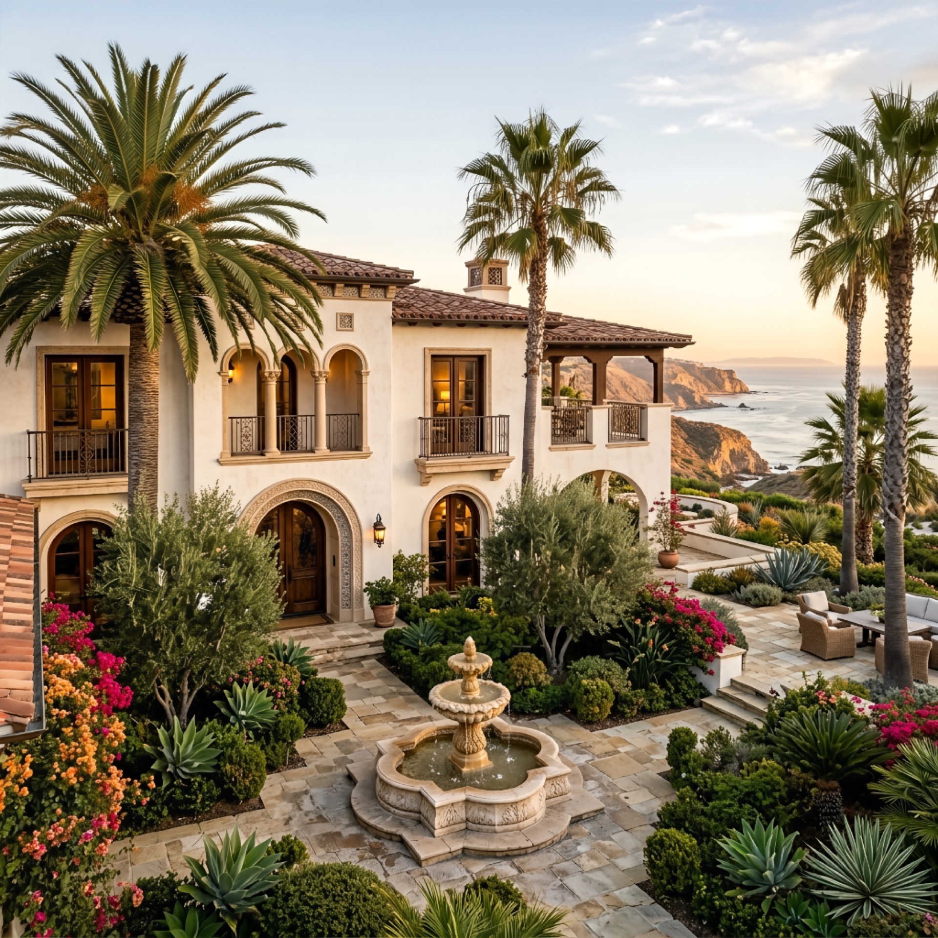 Mediterranean-style villa exterior, luxury construction in Southern California
